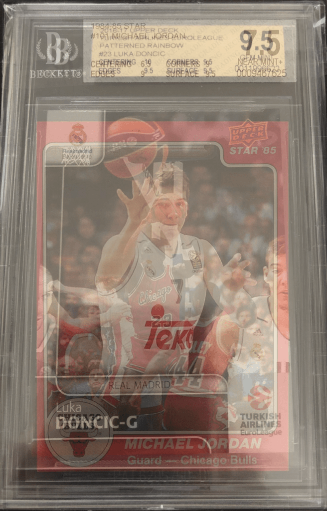 Michael Jordan 1984 Star rookie card superimposed with Luka Doncic's 2016-17 Upper Deck Euroleague Patterned Rainbow rookie.