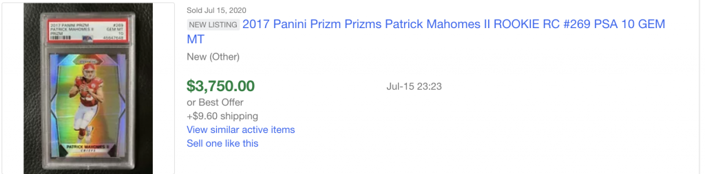 Most recent eBay sale of 2017 Prizm Patrick Mahomes rookie card.