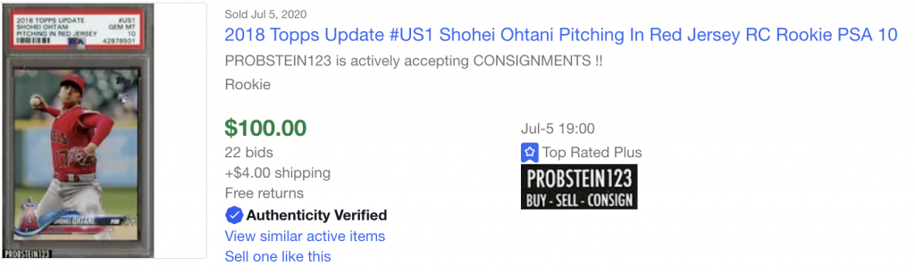 2018 Topps Update US1 PSA 10 Shohei Ohtani ebay sale.