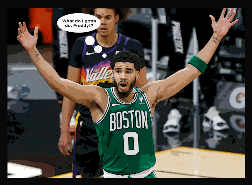 Jayson Tatum of the Boston Celtics is exasperated that Freddy Find is not telling people to buy his rookie cards.