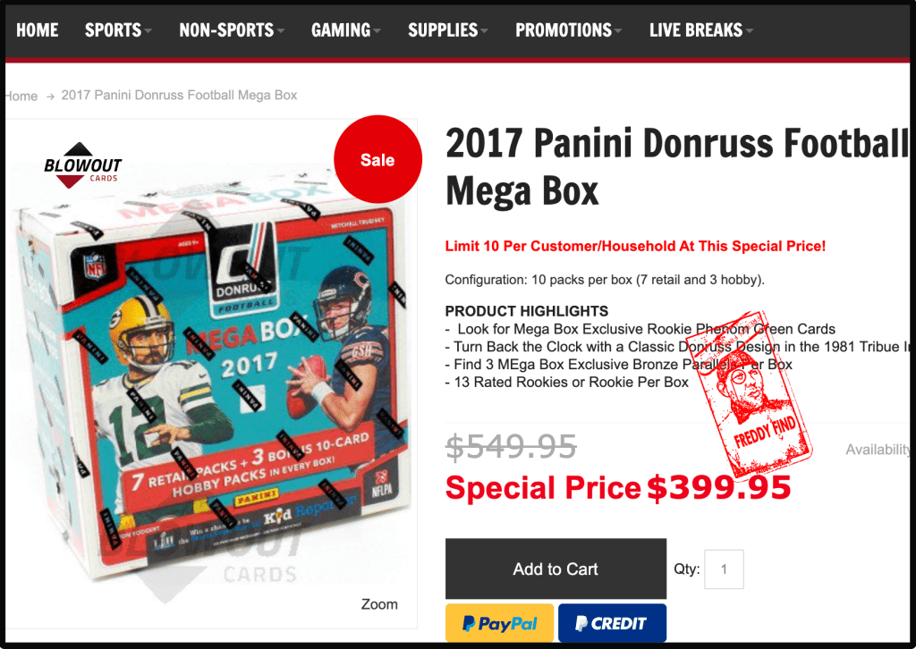 Blowout Cards has 2017 Donruss Football Mega boxes on sale for $399.95.