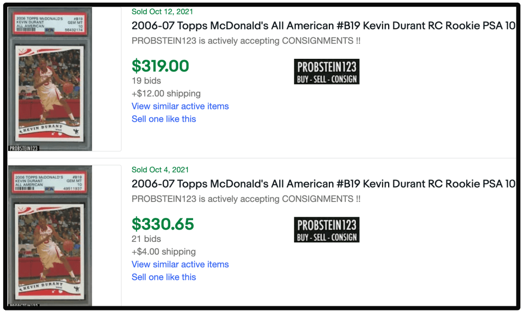 Early October eBay sales for the 2006-07 McDonald's All American Kevin Durant XRC.