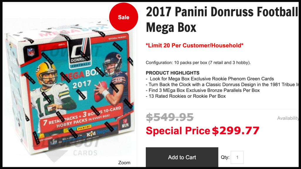 Blowout Cards Cyber monday deal for 2017 Donruss Football mega boxes.