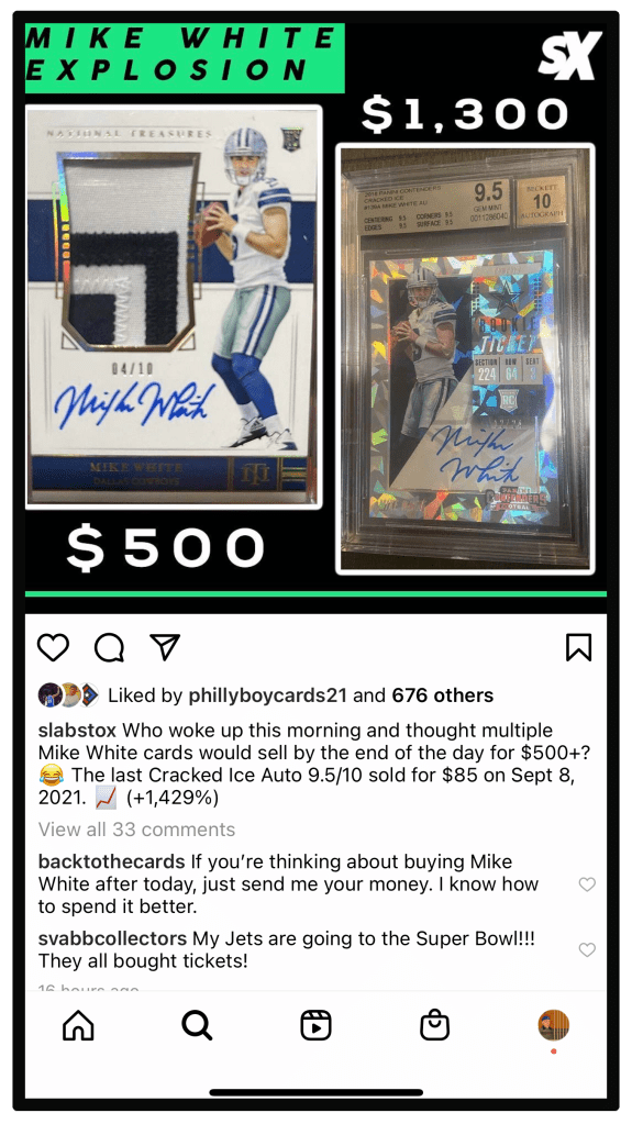 Slabstox Instagram Post on Mike White's recent football card sales.