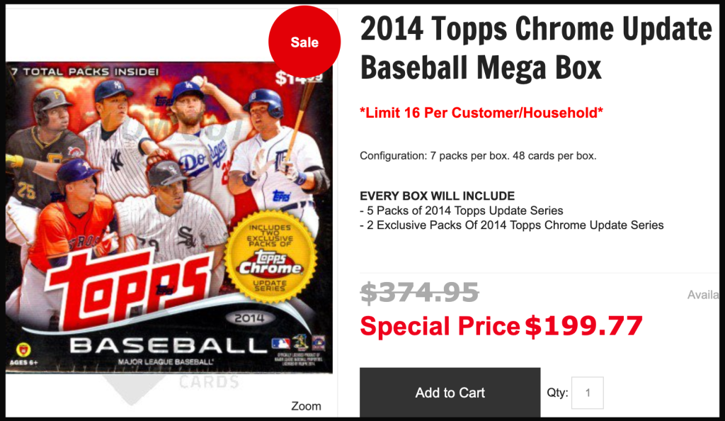 Blowout Cards cyber monday deal for 2014 Topps Chrome Update Mega Boxes.