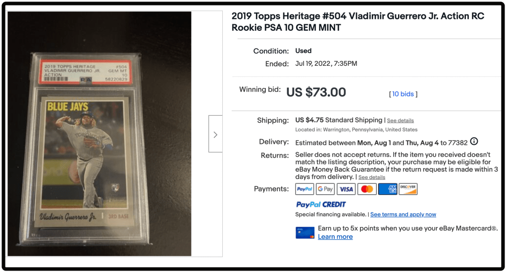 Last eBay sale of the 2019 Heritage High Number Action Vladimir Guerrero, Jr. short print.