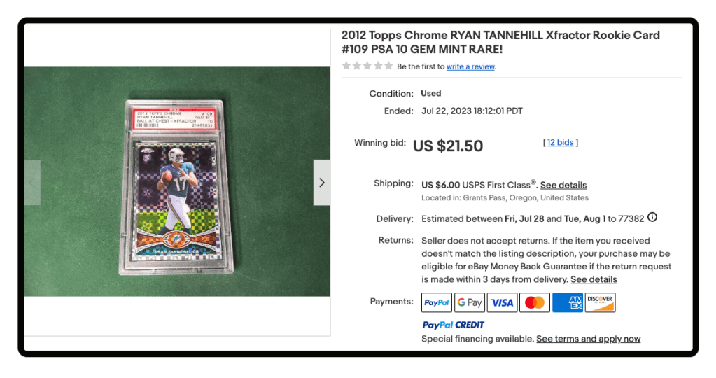 Recent eBay sale for the 2012 Topps Chrome Ryan Tannehill PSA 10 X-fractor rookie card.